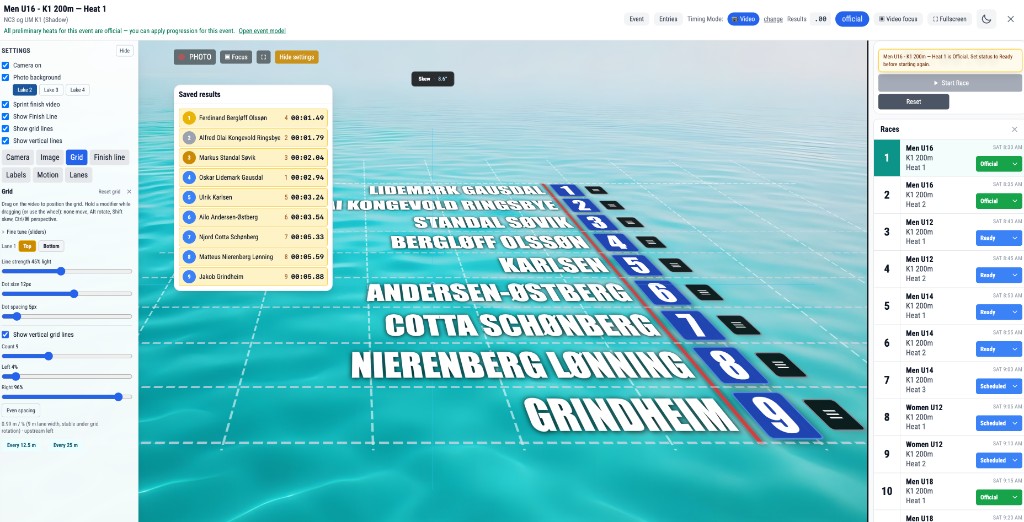 RaceManager timing desk — video sprint finish with lane grid, race schedule and official results